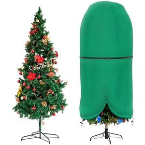 Upright Christmas Tree Storage Bag with Adjustable Straps, Xmas Tree Cover with Zipper & Drawstring for up to 9 Foot Artificial Tree Standing with Ornaments, Dustproof - Green