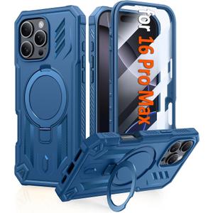 FNTCASE for iPhone 16 Pro-Max Case: Magnetic Phone Cases with [Ring Kickstand] [Built-in Screen Protector] [Heavy Duty Military Grade Protection] Shockproof Full Body Protective Hard Cases Blue