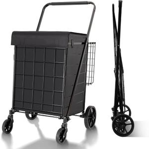 Folding Shopping Cart with Waterproof Liner, Grocery Cart Large Bag with Top Cover, 340 Lb Capacity, Utility Cart with 360 Rolling Swivel Wheels, Large & Extra Basket