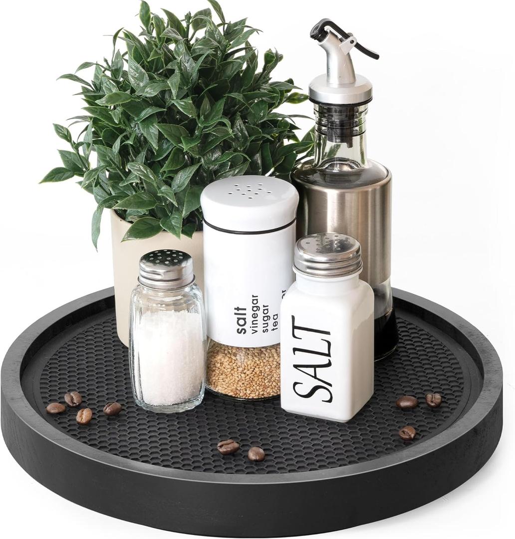 EOSAHR Non-Skid Wooden Lazy Susan Turntable for Cabinet  Chic 10.5" Lazy Susan Turntable and Bathroom Tray for Bathroom Decor & Coffee Table - Ideal for Home and Kitchen (Black)