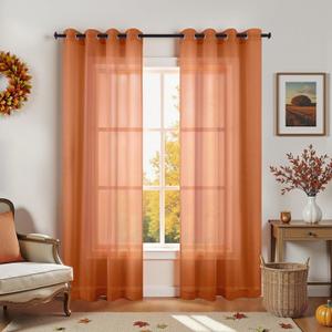 Burnt Orange Curtains 96 Inches Long for Living Room Bohemian Autumn Boho Fall Decor Set of 2 Panels Grommet Faux Linen Semi Sheer Thanksgiving Curtains for Dining Room Bedroom 52x96 Inch Length