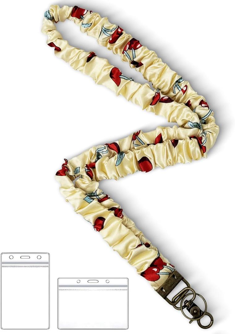 Lanyardio Stretchy Scrunchie Lanyard for ID Badges Keys, Cute Teacher Lanyard for Women with 2 Card Holders 19.6 Inch (Cherry)