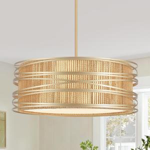 5-Light Rattan Drum Chandelier 19.7'' Boho Gold Pendant Light | Modern Hanging Light Fixture for Dining Room Kitchen Island Bedroom Hallway