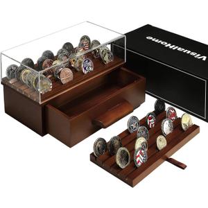 Wooden Challenge Coin Display Case with Clear Cover - Medium Military Coin Display Case Holds 40 Coins on Top & 50 in the Storage Drawer - Versatile Coin Stand Holder & Poker Chip Display Case Brown
