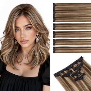 Short Clip in Hair Extensions Real Remy Human Hair,S-noilite Short Hair Extensions Clip ins,Mini Clip in Extensions for Add Volume and Highlights,5 Pieces 38g 12 inch Medium Brown Mixed Dark Blonde