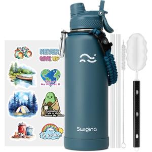 [2-IN-1 LID] Insulated Water Bottle with Silicone Boot (36hrs Cold/18hrs Hot) - DIY Stickers, Leakproof, BPA Free, 40 oz (Cyan)