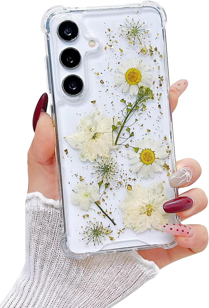 Lewrtser Compatible with Samsung Galaxy S25 Plus Case Cute Pressed Dried Real Flowers Women Girly Shockproof Glitter Floral Clear Phone Cover S25+ (White Flower)
