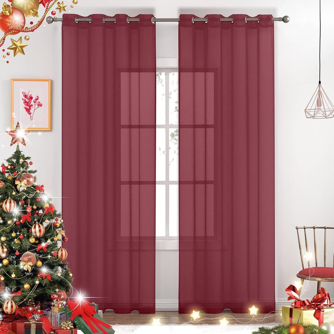 July Joy Semi Linen Look Sheer Curtains for Bedroom, Living Room Grommet Light Filtering Solid Voile Window Curtains, Set of 2 Panels (52 x 84 inch, Burgundy)