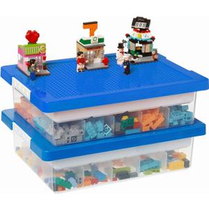 MACOPRO Toys Storage Organizer Box for Lego, Toy Box with Building Plate Lid and Removable Tray, Building Block Storage, Stackable Plastic Organizer Bins (Blue-2Pack)