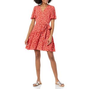 Eliza J Women's V Neck Flutter Sleeve Fit and Flare Dress (14, Red)