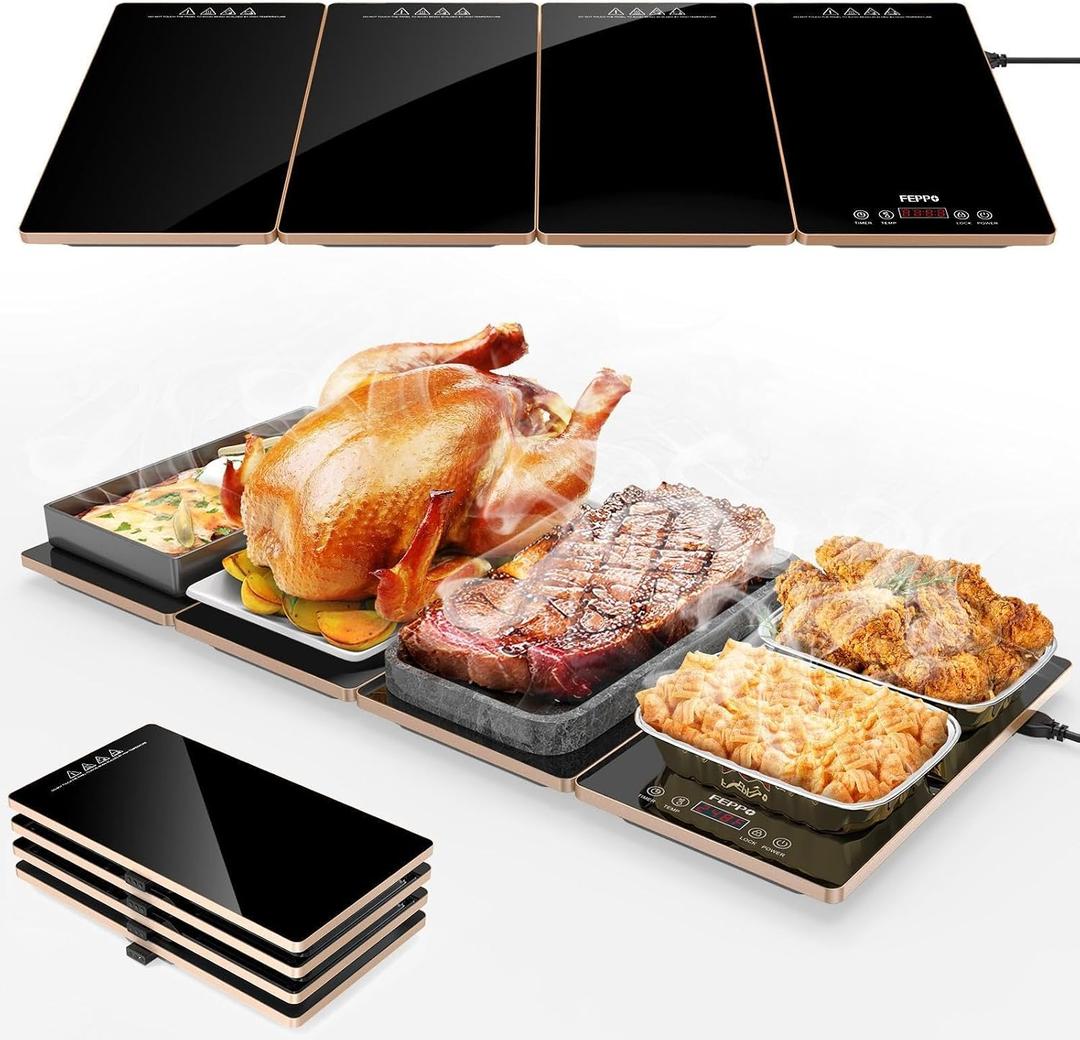 FEPPO Electric Warming Tray Kitchen Appliance, 4-in-1 Buffet Warmer | 33"x15" Glass Surface Warming Mat for Food, 10 Temp Settings and Timer, Modular Buffet Hot Plates for Catering and Gatherings