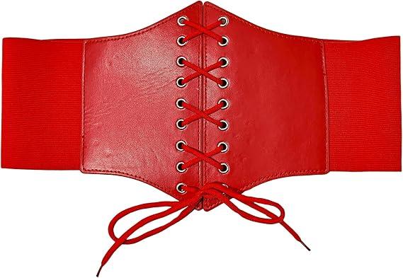 Wildarms Corset Waist Belt for Women, Wide Elastic Tie Waspie Belt for Dresses (Red, Fit Waist 30-33in)