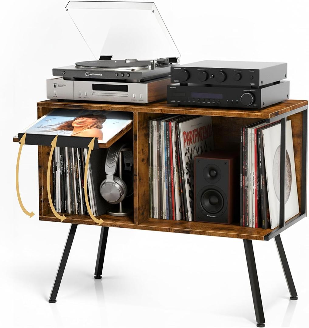 Faesun Flip Top Record Player Stand, Large Turntable Stand Holds up to 150+ Albums, Vintage Mid Century Record Player Table, Stereo Cabinet with Open Storage, for Living Room, Bedroom, Rustic Brown, 2-Tier