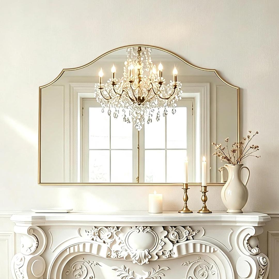 Arched Gold Wall Mirror, 36"x24" Scalloped Dresser Mantel Mirror Decorative Wall Mounted Mirror for Living Room, Bedroom, Fireplace