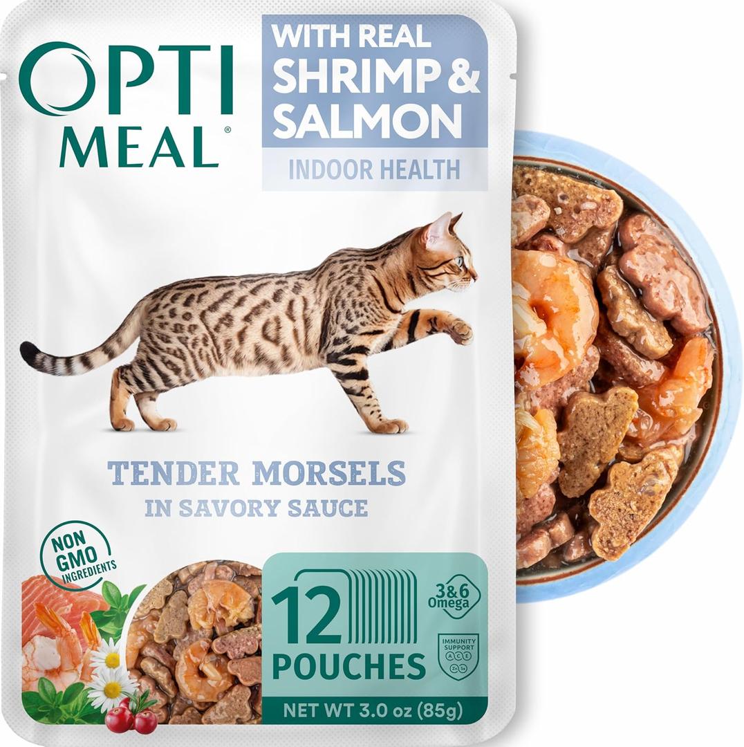 Optimeal Grain-Free Wet Cat Food Pouches Shrimp & Salmon in Savory Gravy, High Protein & Moisture-Rich Tender Morsels, Indoor Adult Cat Food Wet with Natural European Ingredients, 3 oz (Pack of 12) Best By May 26, 2027