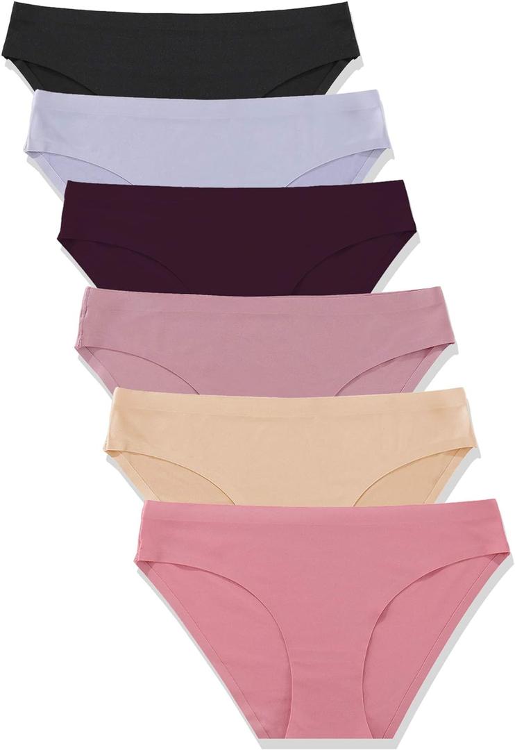FINETOO 6 Pack Womens Seamless Hipster Underwear No Show Panties Invisibles Briefs Soft Stretch Bikini Underwears (Large, Solid 1)