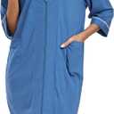 ANLIQI Womens Zipper Robe 100% Cotton Housecoat Lightweight Knee Length Bathrobe 3/4 Sleeve Zip Front House Coat with Pocket (Medium, A2_blue)