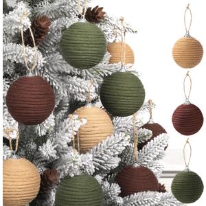 Joicee 9 Pcs Boho Christmas Ball Ornaments Set, Jute Rope Hanging Balls Neutral Rustic Ornaments Christmas Ball Decoration for Xmas Tree Wreath Garland Party Farmhouse Decor(Green, Linen,Dark Brown)