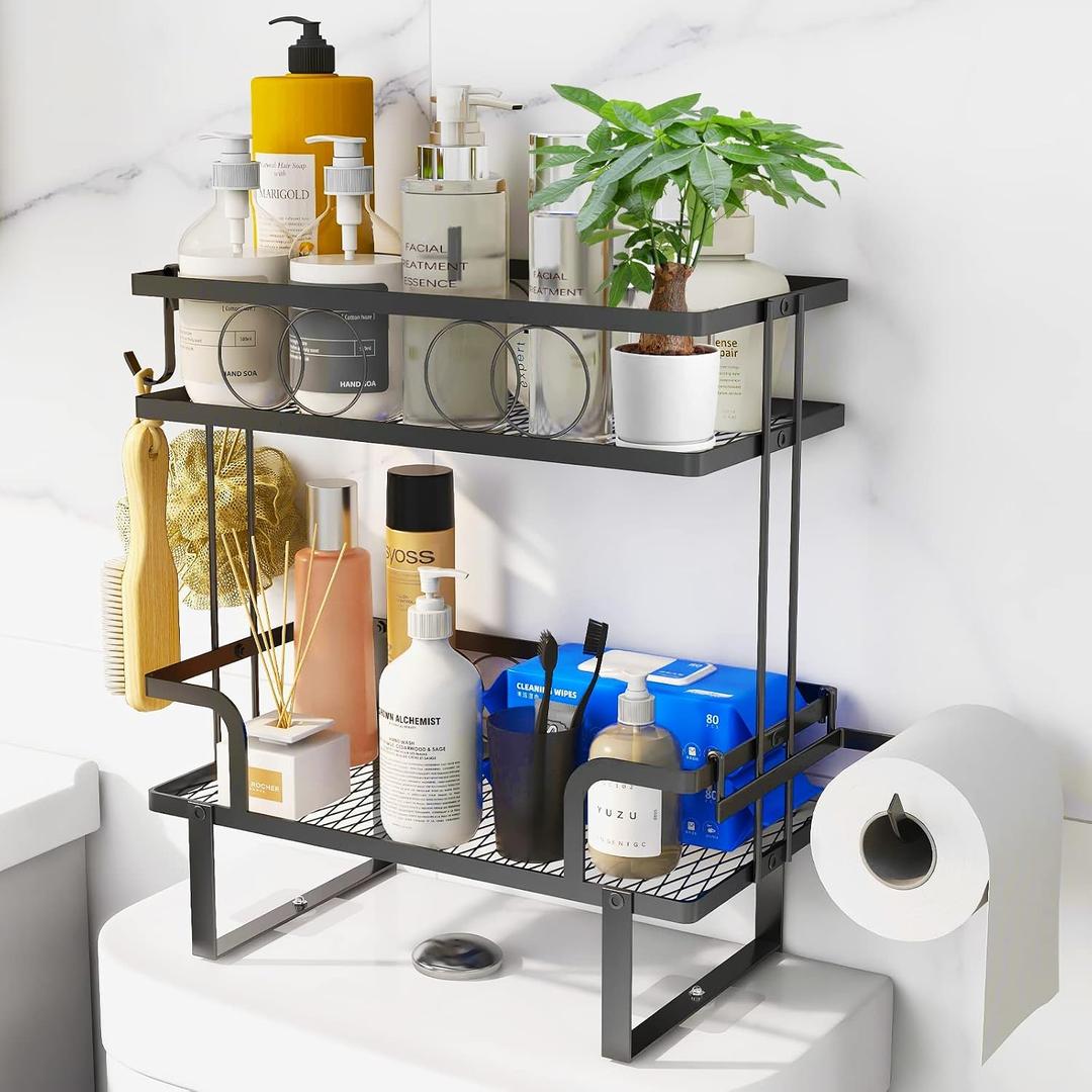 Over The Toilet StorageBathroom Shelves Over Toilet,2 Tier Above Toilet Storage with Hanging Hook & Toilet Paper Holder,Non-Trace Adhesive, No Drilling Toilet Organizer (Black)