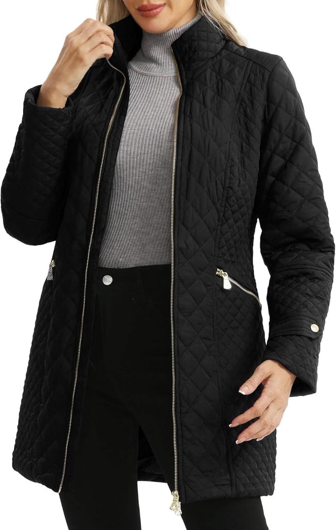 Women's Plus Size Long Quilted Jackets Diamond Quilted Lightweight Jacket Stand Collar for Spring Fall, Medium