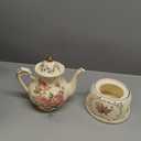 Vintage Ceramic Tea Pot, Heatable with Warmer, Decor for Party, Camping or Wedding, 25 oz/ 2 Cup, White with Pink Roses & Gold Trim