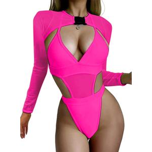 Rave Outfits for Women - EDC Festival Neon Bodysuit Concert Swimsuit Mesh Buckle Crop Top Club Party 2 Pcs Set (X-Small, Rose)