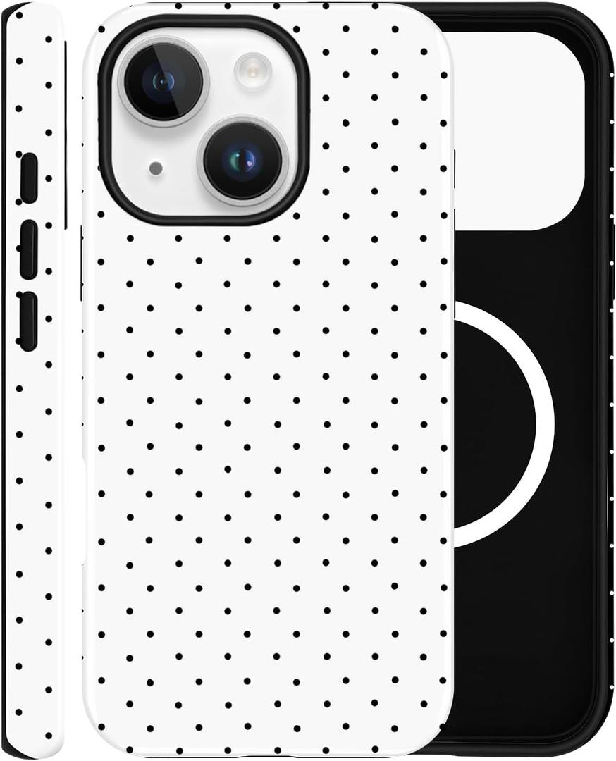 Magnetic Case for iPhone 13, Compatible with MagSafe, Aesthetic Polka Dot Cute Design for Women, Hybrid 2-Layer Hard Shell Phone Cover, White