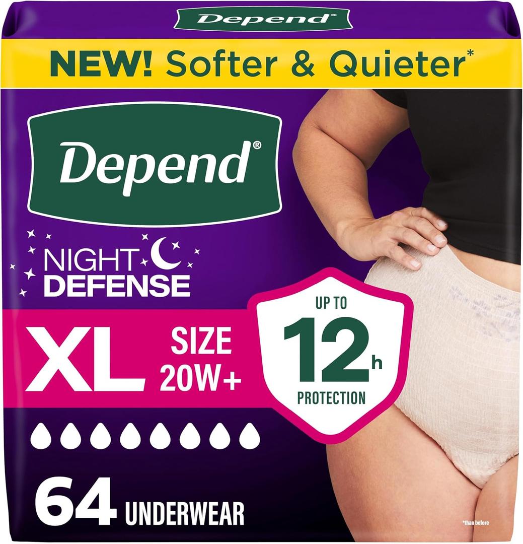 Depend Night Defense Adult Diapers, Incontinence & Postpartum Bladder Leak Underwear for Women, Disposable, Overnight, XL, Blush, 64 Count