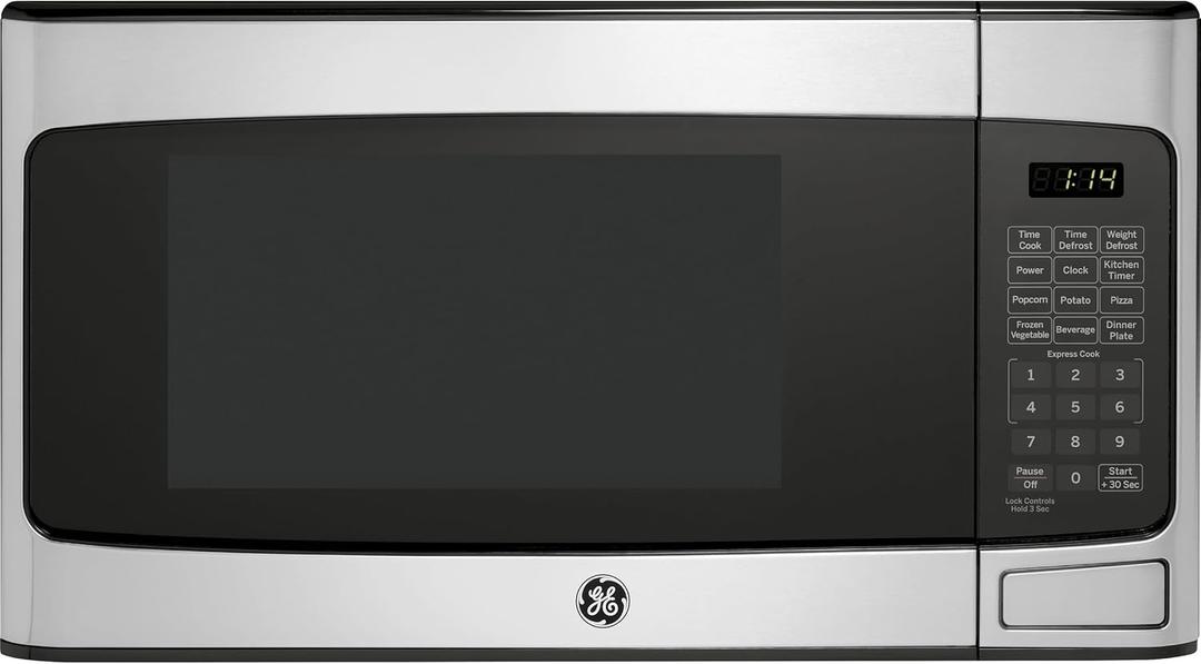 GE Countertop Microwave Oven, Compact 1.1 Cubic Ft., 950-watt Capacity, 6 Auto Cooking Settings, Child-Lock Technology, Kitchen Essentials for The Countertop, Dorm Room or Apartment, Stainless Steel
