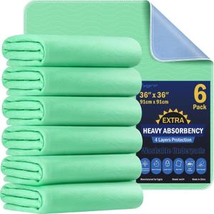6 Pack 36 x 36 Extra Heavy Absorbency Washable Underpads, Waterproof Quick Drying Nursing Pads Incontinence Bed Pads, Reusable Washable Pee Pads for Dogs, Diaper Changing & Adults