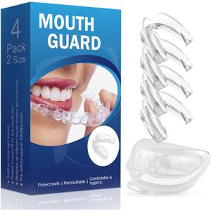 4 Pack Mouth Guard for Teeth Grinding, Clear Sleep Apnea Braces with a Triangular Storage Box, Reusable Dental Guards for Whitening Trays Stops Bruxism (2 Sizes for Adults & Kids)