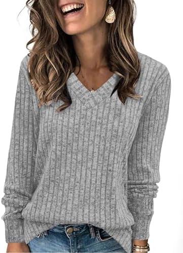 Sampeel V Neck Long Sleeve Shirts for Women Casual Fall Tops Lightweight Tunic Sweaters Fashion Clothes Loose Fit 2025 L