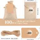 Woanger 100 Pcs Burlap Gift Bags with 100 Pcs Kraft Paper Gift Tags Drawstring Favor Bulk Burlap Sack Bags for DIY Wedding Party Craft(3 x 4 Inch,Light Brown)