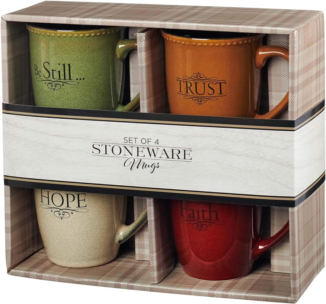 Christian Art Gifts Set of Four Rustic Stoneware Coffee/Tea Mugs w/Bible Verses Sage Green, Ivory, Paprika Red, Pumpkin Orange Inspirational Coffee/Tea Cup for Men and Women (13 Ounces)