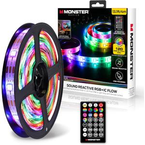Monster 13.1ft Color Flow Multi-Color LED Light Strip, Indoor, Fun Flash Mode, Remote Control, Dimmable, Self Adhesive, Timer, 120 RGB+IC LEDs, USB Powered, Multi-White, Sound Reactive