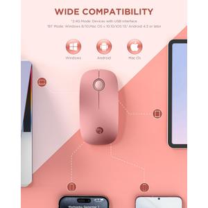 RAPIQUE Bluetooth Wireless Mouse - (BT5.1+USB) Dual Connectivity, Quiet Click, Low Power, and 1600 DPI, Portable Cordless Mouse for Mac, Laptop, MacBook Pro/Air, iPad (Rose Gold)