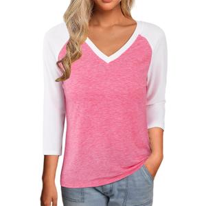 LilyCoco Womens 3/4 Sleeve V Neck T Shirts Casual Color Block Raglan Shirt Pink, Small