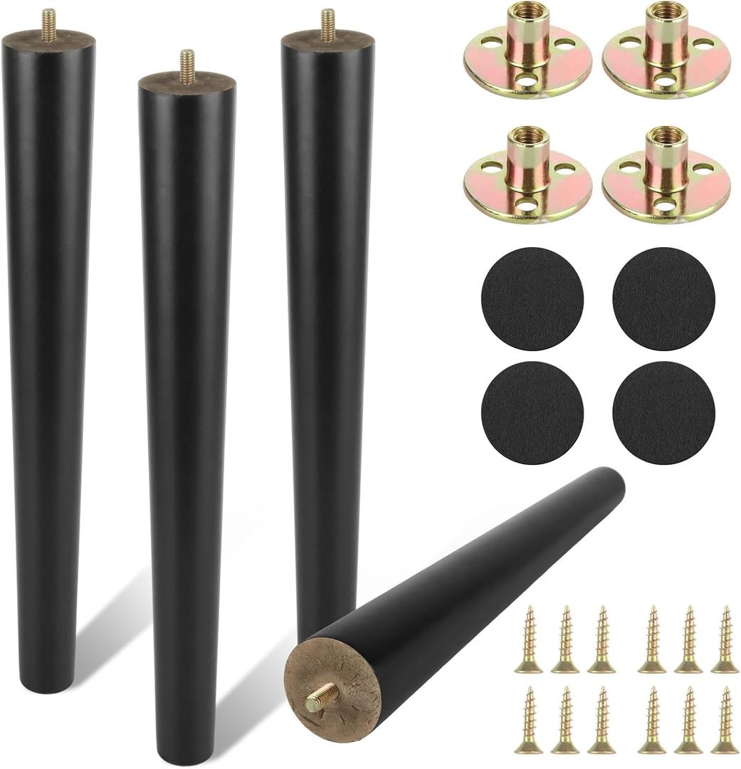16 Inch Black Wood Table Legs, Mid Century Furniture Legs Set of 4, Round Wooden Replacement Legs for Coffee Table End Table Side Table Night Stand Tapered Desk Chair Legs, Straight