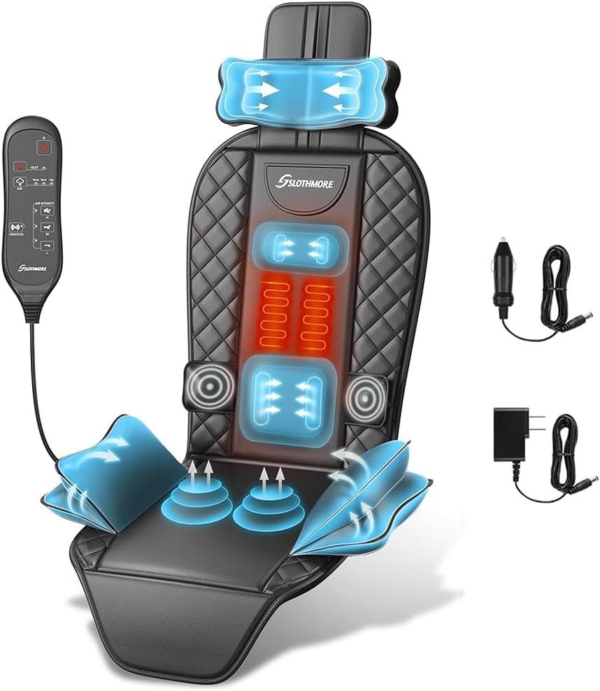 SLOTHMORE Back Massager with Heat & Traction & Vibration, Chair Massager Pad for Office Home, Seat Massager for Pain Relief Deep Tissue, Lumbar Traction, PU Leather, Foldable, for 51 to 61