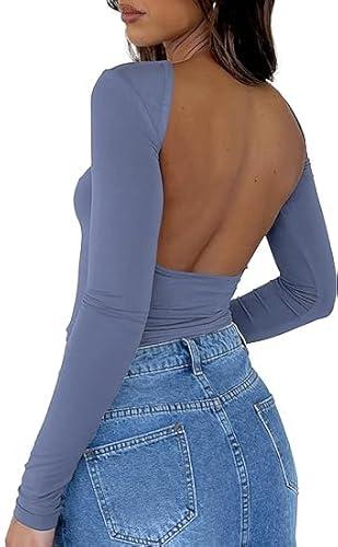 ForeFair Women Sexy Backless Short Sleeve Slim Fit Crewneck Summer Casual Y2K Crop Tee, Medium