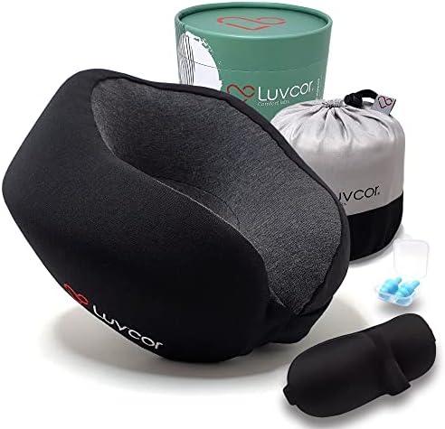 Luvcor Premium Quality Memory Foam Travel Neck Pillow Bundle - Best Ergonomic Pillow for Airplane Travel, car Ride, Sleeping. Comes with Eye mask, earplugs and Storage Bag.(Stealth Black)