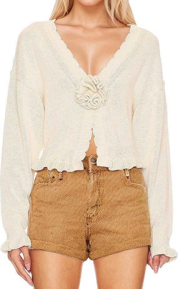 Meladyan Women’s Vintage Flower Slit Sweater Top Sexy Deep V Neck Knit Crop Tops Long Sleeve Y2K Fall Winter Going Out Top Beige