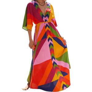 Bsubseach Kaftan Dresses for Women Bathing Suit Cover Up Beach Caftan with Drawstring (One Size, Colorful Geometric)