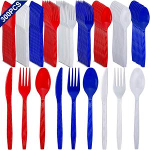 300 Pcs 4th of July Decorations Red White and Blue Party Supplies, Patriotic Plastic Silverware Set 250th Anniversary Disposable Utensil Cutlery 100 Spoons 100 Forks 100 Knives Memorial Day