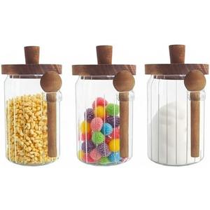 Set of 3 Glass Food Storage Jars with Handles Wood Lid and Spoon, 25 oz Glass Kitchen Canisters for Coffee, Tea, Cereal, Spice and Canning, Mason Jars, Cute Jar
