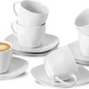 6.5 Ounce Porcelain Espresso Cups and Saucers Set of 6, Ceramic Cappuccino Demitasse Mugs Square Stackable Coffee Cup with Saucer Set for Coffee Drink, Espresso, Latte, Cafe Mocha and Tea Party, White