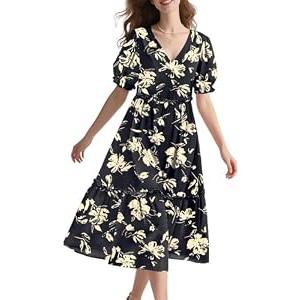 YESNO Summer Floral Midi Dresses for Women V Neck Puff Short Sleeve Frill Trim Dress with Pockets Small