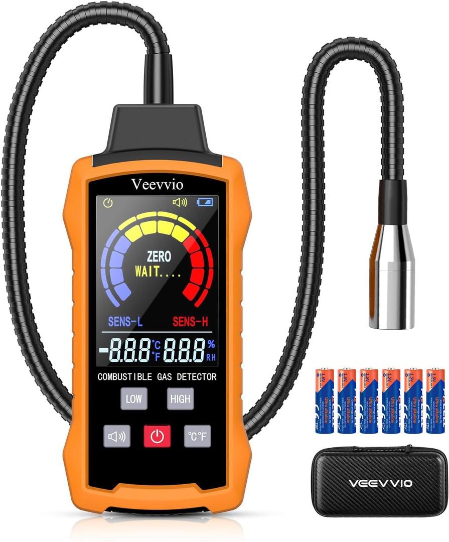 Natural Gas Detector with 18-Inch Gooseneck, Gas Leak Detector for Home, Gas Sniffer with Temp/Humidity, Audible & Visual Alarm, Locating The Source Like Propane Methane for RV (Includes Battery x6)