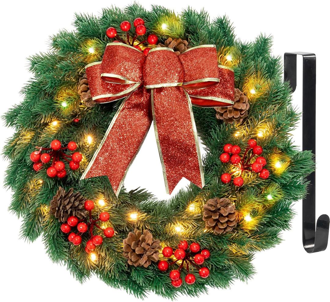 Christmas Wreaths for Front Door with Lights & Timer - 17" 40 LED Pre-Lit Lighted Christmas Wreath Decorations with Metal Hanger, Real Touch Pine Pinecone Xmas Wreath for Windows Indoor Outdoor Wall (Small)