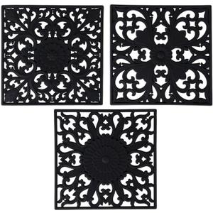 Silicone Trivets for Hot Pots and Pans, Square Non Slip Mats for Table or Counter, Multi-Use Carved Hot Pads, Flexible Modern Pad Heat Resistant Big Teapot Coaster Set of 3 Black